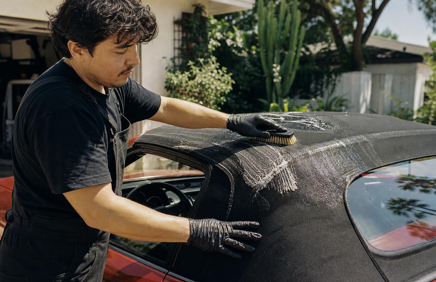 Detailer cleaning a black fabric convertible top with a soft brush