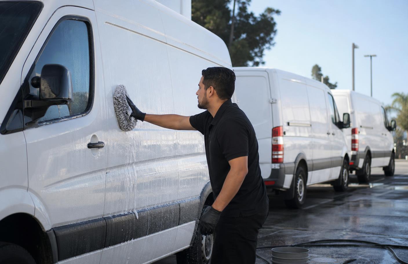 Detailer hand washing a white commercial van beside a row of fleet vans in a Los Angeles lot