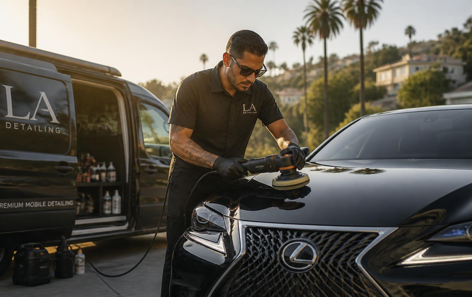 Professional mobile detailer machine polishing a black luxury sedan on a Los Angeles driveway