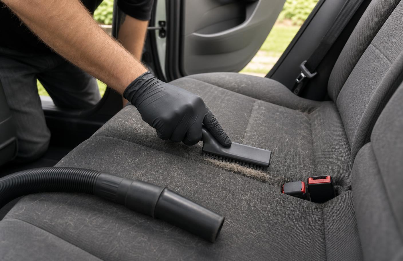 Detailer lifting embedded dog hair from a car seat with a rubber brush and vacuum